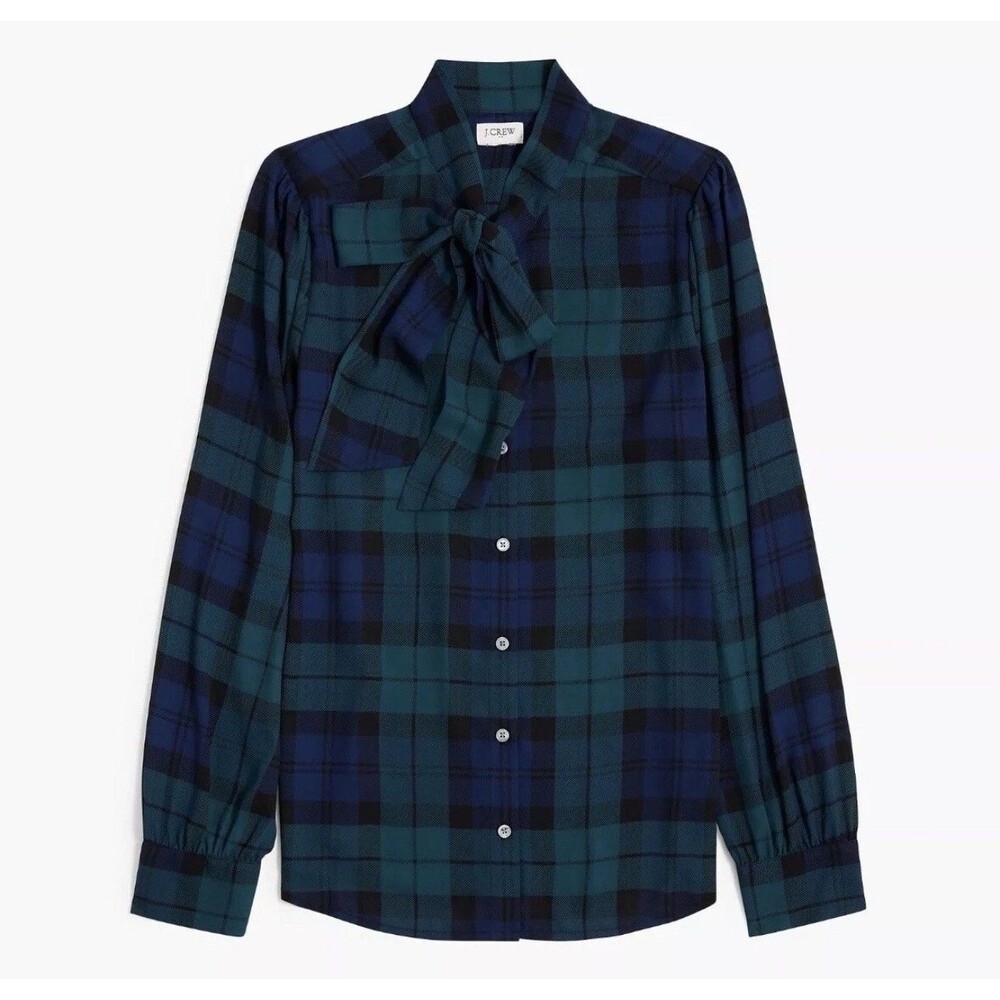 J. Crew Women's Tartan Plaid Blouse Size Large Petite Preppy Tie Neck Top